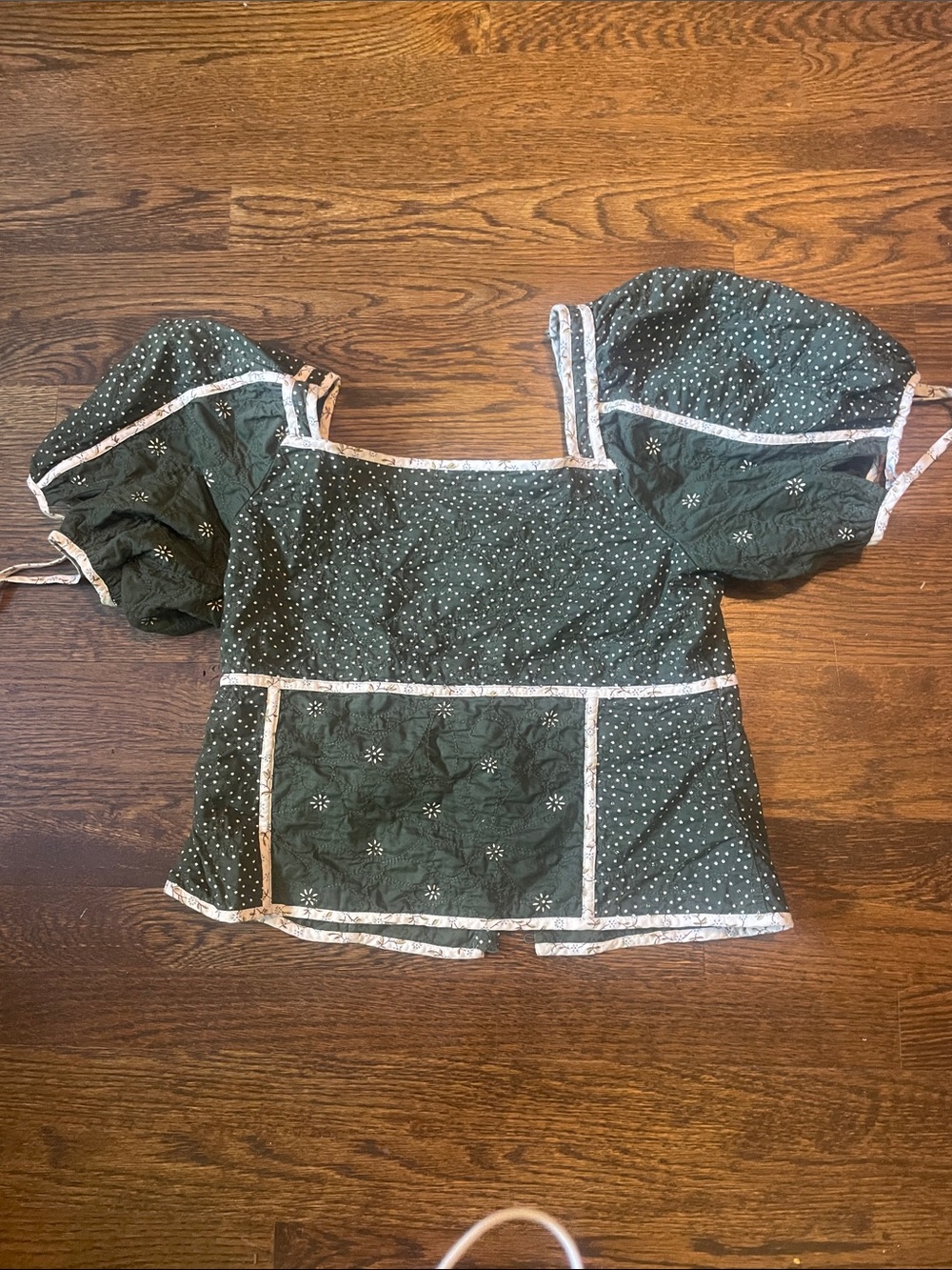 Madewell Dark Green Polka Dot Puff Sleeve Blouse with Contrast Trim - Picture 2 of 5